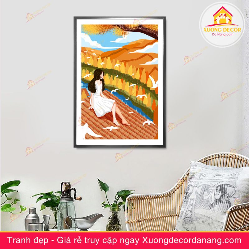 tranh treo tường thiếu nữ và hoa, tranh treo tường cô gái và hoa, tranh cô gái ngồi trên mái nhà