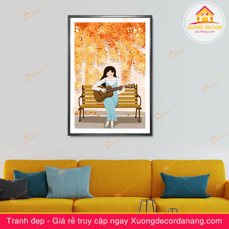 tranh treo tường cô gái đánh đànthiếu nữ và hoa, tranh treo tường cô gái và hoa
