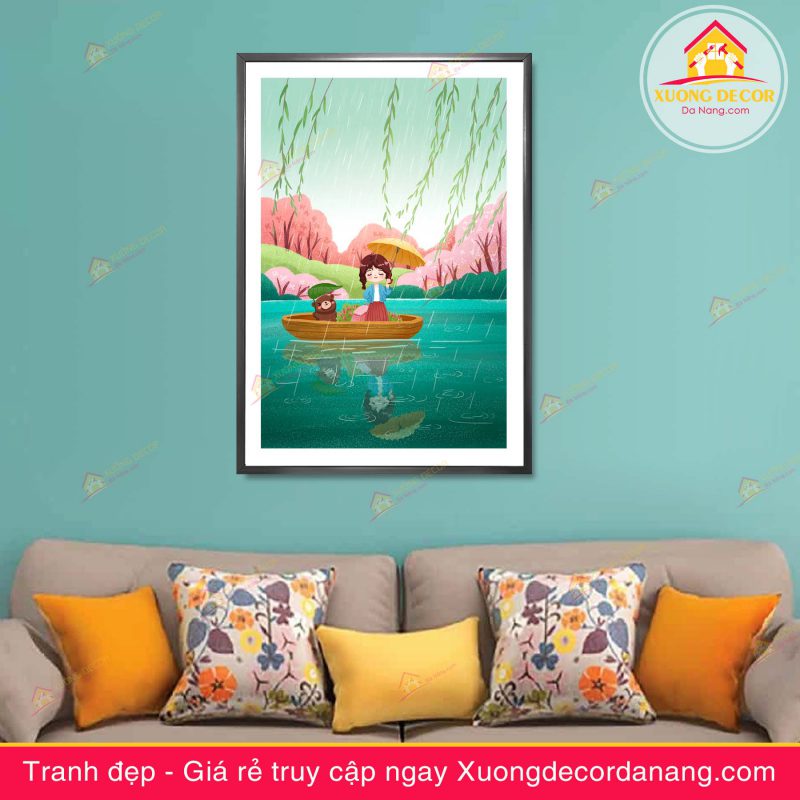 tranh cô gái, tranh treo tường cô gái đánh đànthiếu nữ và hoa, tranh treo tường cô gái và hoa