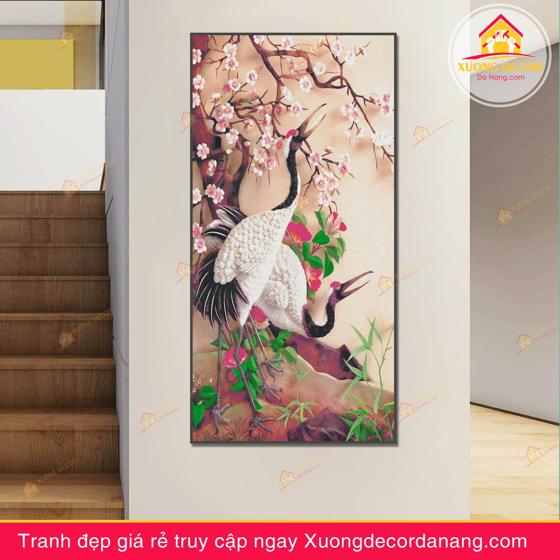 Tranh cặp chim hạc trắng bên cây đào xuân - TCH09 - Xưởng Decor Đà Nẵng -  Xưởng tranh canvas và nội thất decor giá rẻ tại Đà Nẵng
