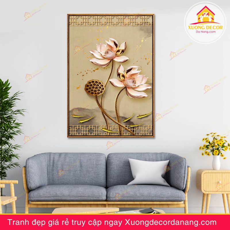 tranh treo tường hoa sen, tranh hoa sen, tranh liên hoa, tranh canvas hoa sen, tranh hoa sen nghệ thuật, tranh hoa sen và cá koi, hoa sen và cá chép