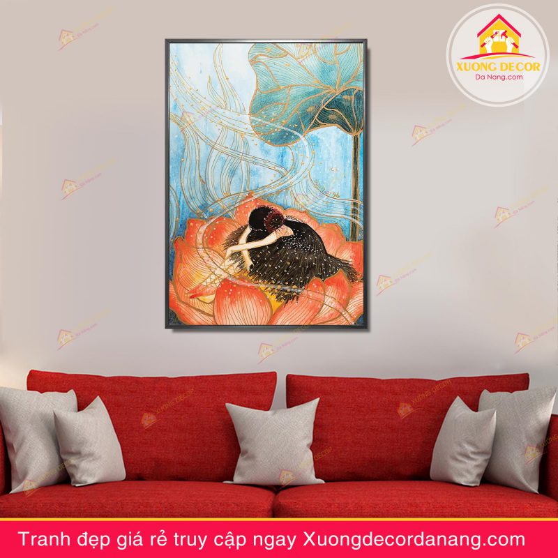tranh treo tường hoa sen, tranh hoa sen, tranh liên hoa, tranh canvas hoa sen, tranh hoa sen nghệ thuật, tranh hoa sen và cá koi, hoa sen và cá chép
