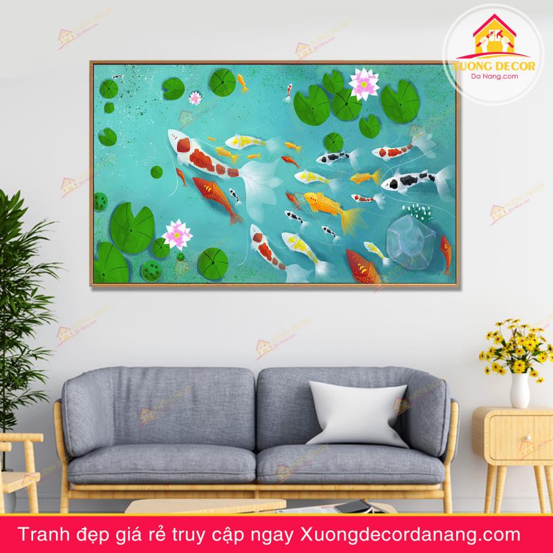 tranh treo tường hoa sen, tranh hoa sen, tranh liên hoa, tranh canvas hoa sen, tranh hoa sen nghệ thuật, tranh hoa sen và cá koi, hoa sen và cá chép
