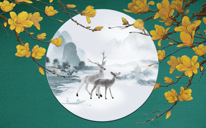 Giấy Decal 3D dán tường con nai và mặt trăng