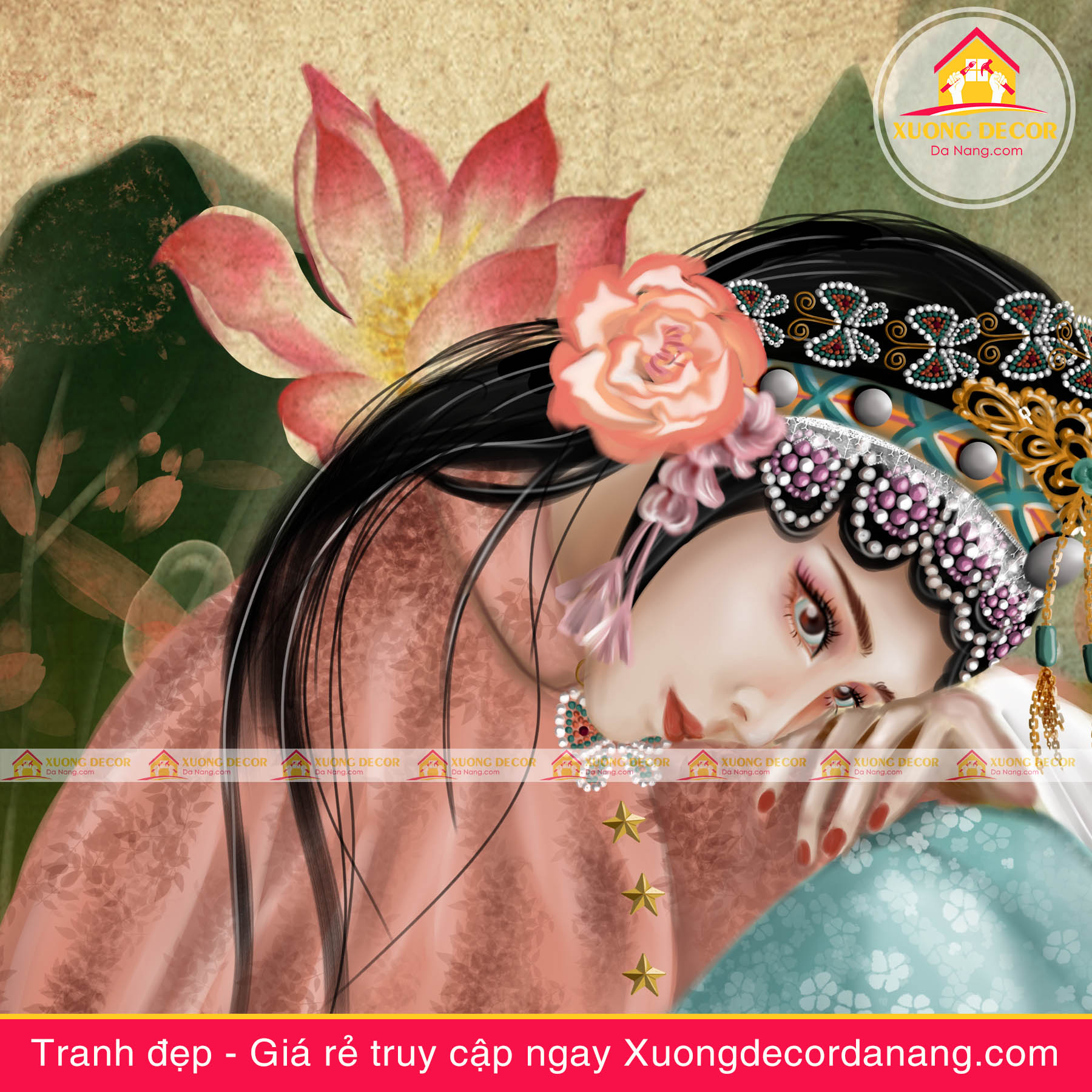 tranh treo tường thiếu nữ và hoa, tranh treo tường cô gái và hoa