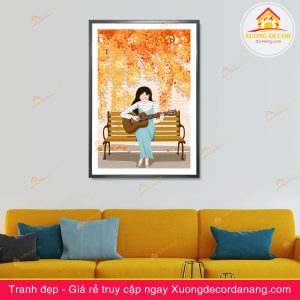 tranh treo tường cô gái đánh đànthiếu nữ và hoa, tranh treo tường cô gái và hoa
