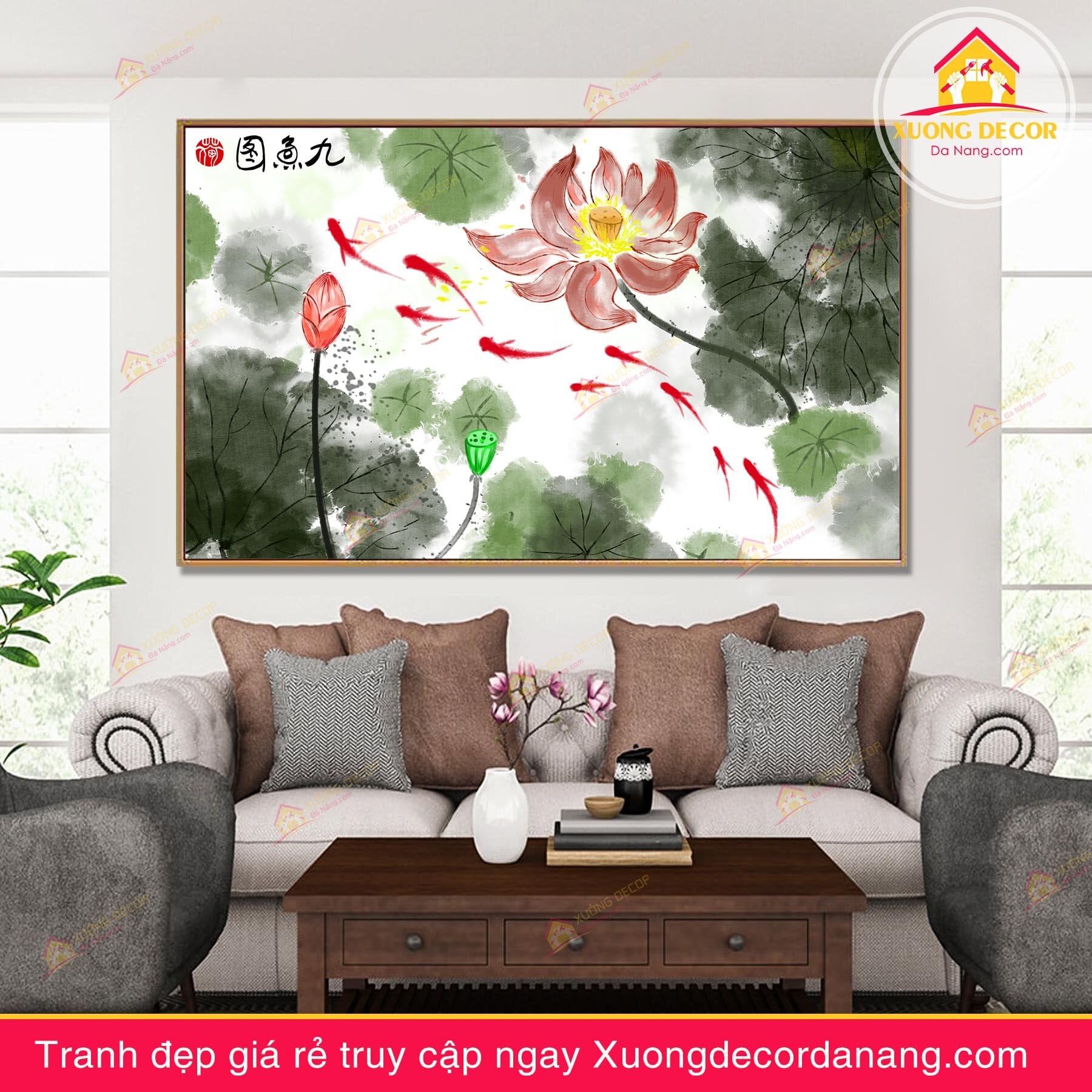 tranh treo tường hoa sen, tranh hoa sen, tranh liên hoa, tranh canvas hoa sen, tranh hoa sen nghệ thuật, tranh hoa sen và cá koi, hoa sen và cá chép