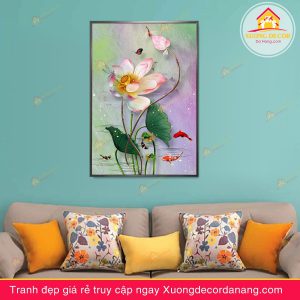 tranh treo tường hoa sen, tranh hoa sen, tranh liên hoa, tranh canvas hoa sen, tranh hoa sen nghệ thuật, tranh hoa sen và cá koi, hoa sen và cá chép
