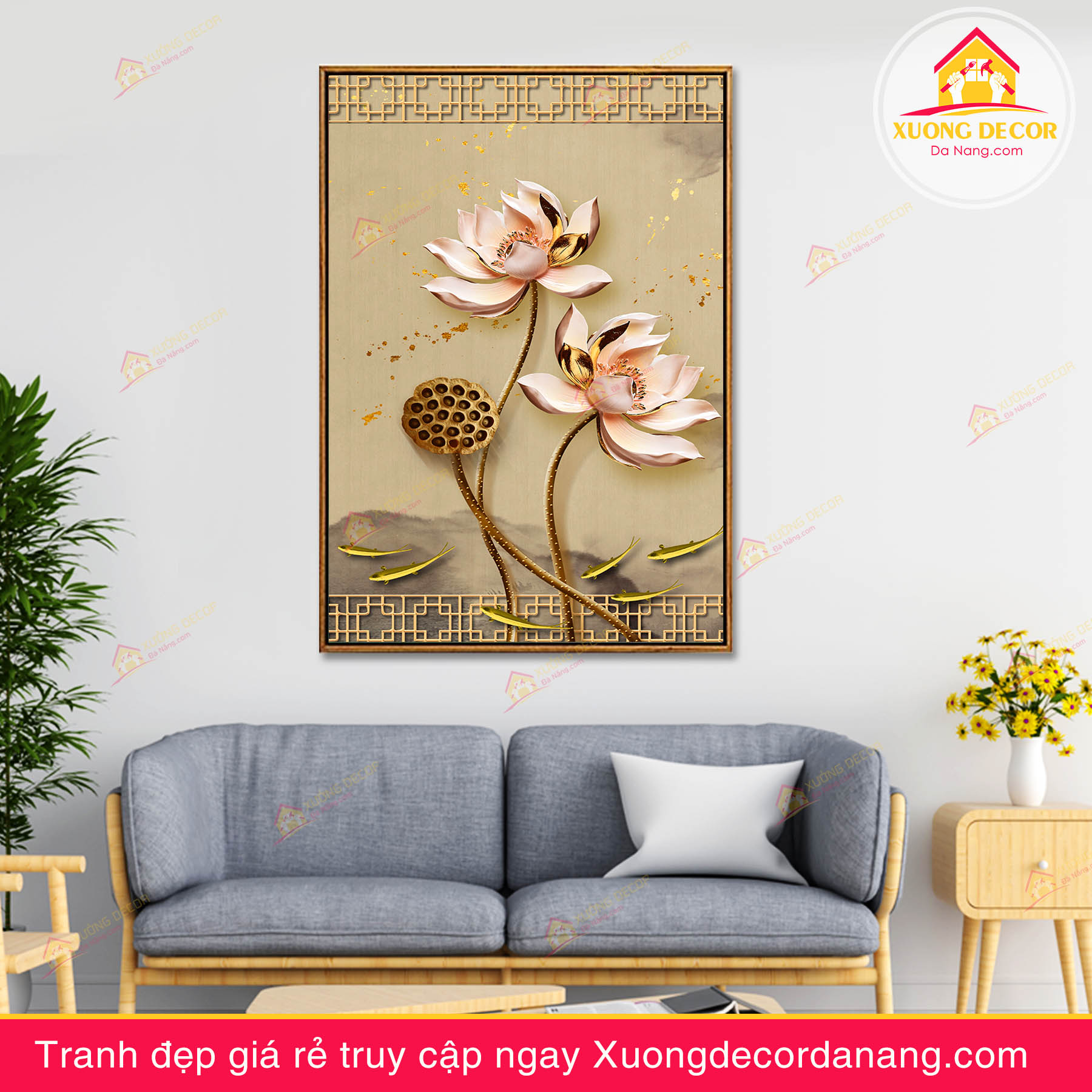 tranh treo tường hoa sen, tranh hoa sen, tranh liên hoa, tranh canvas hoa sen, tranh hoa sen nghệ thuật, tranh hoa sen và cá koi, hoa sen và cá chép