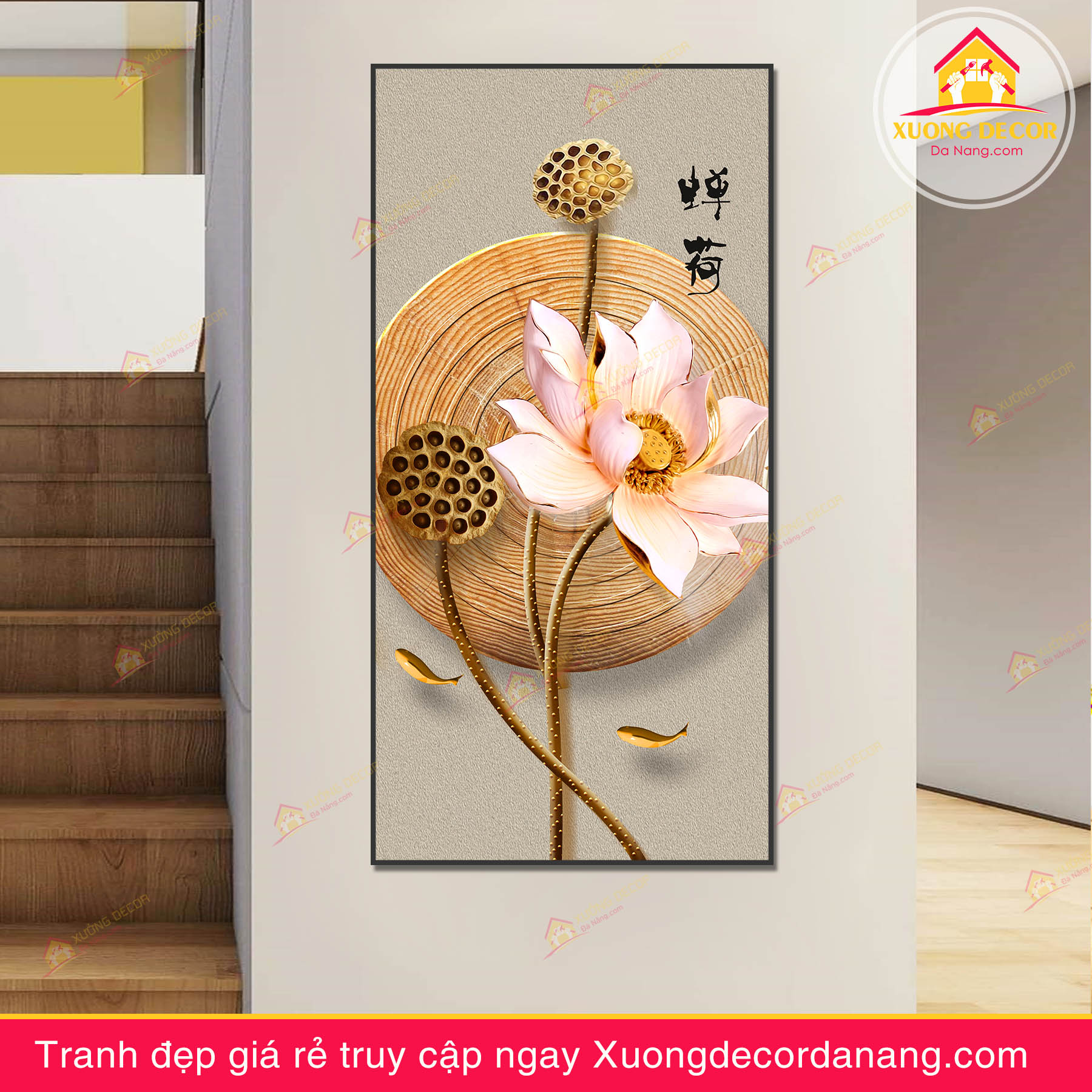 tranh treo tường hoa sen, tranh hoa sen, tranh liên hoa, tranh canvas hoa sen, tranh hoa sen nghệ thuật, tranh hoa sen và cá koi, hoa sen và cá chép