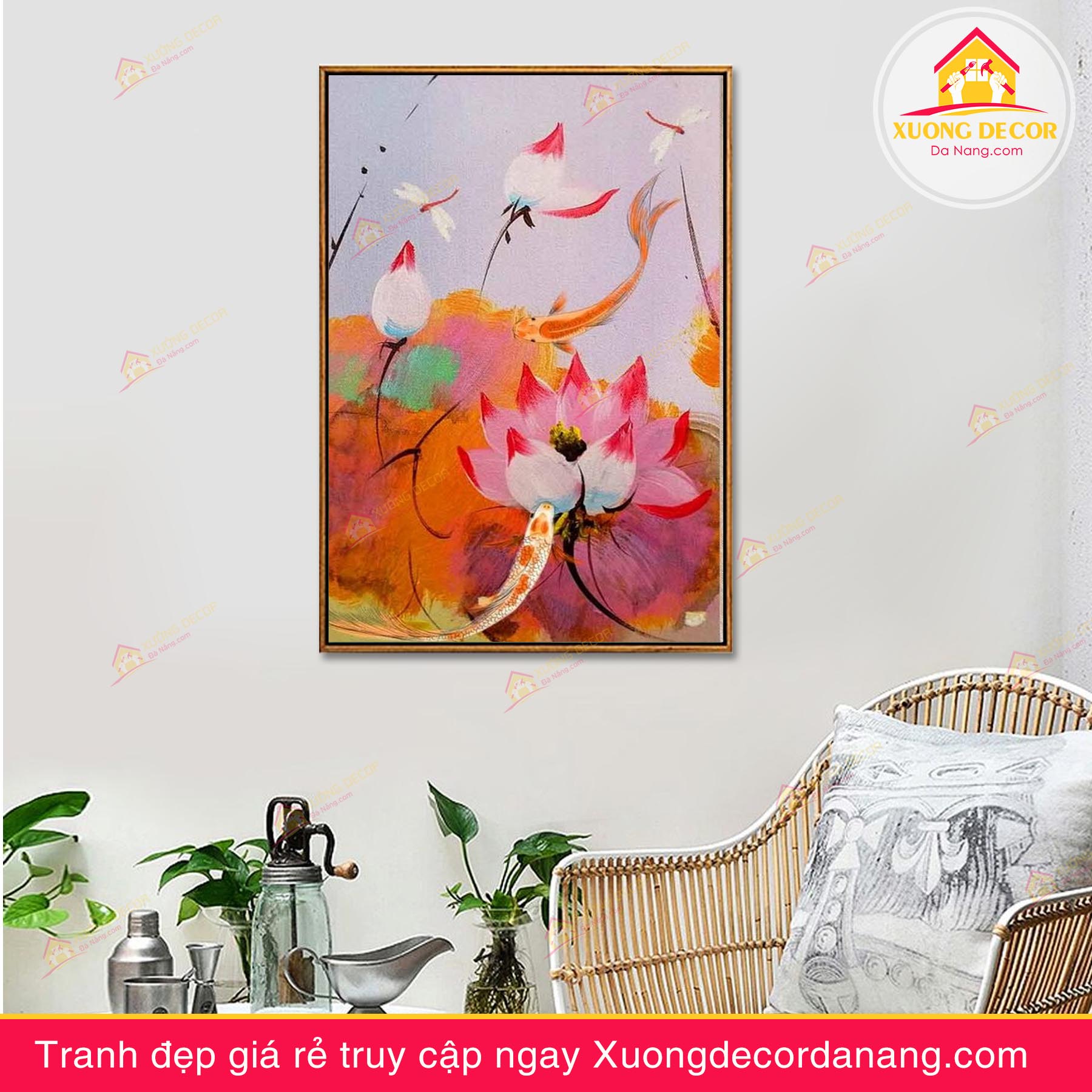 tranh treo tường hoa sen, tranh hoa sen, tranh liên hoa, tranh canvas hoa sen, tranh hoa sen nghệ thuật, tranh hoa sen và cá koi, hoa sen và cá chép