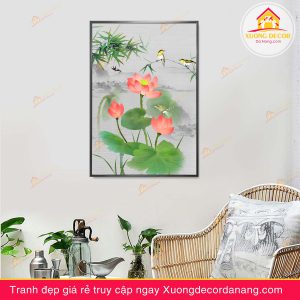 tranh treo tường hoa sen, tranh hoa sen, tranh liên hoa, tranh canvas hoa sen, tranh hoa sen nghệ thuật, tranh hoa sen và cá koi, hoa sen và cá chép