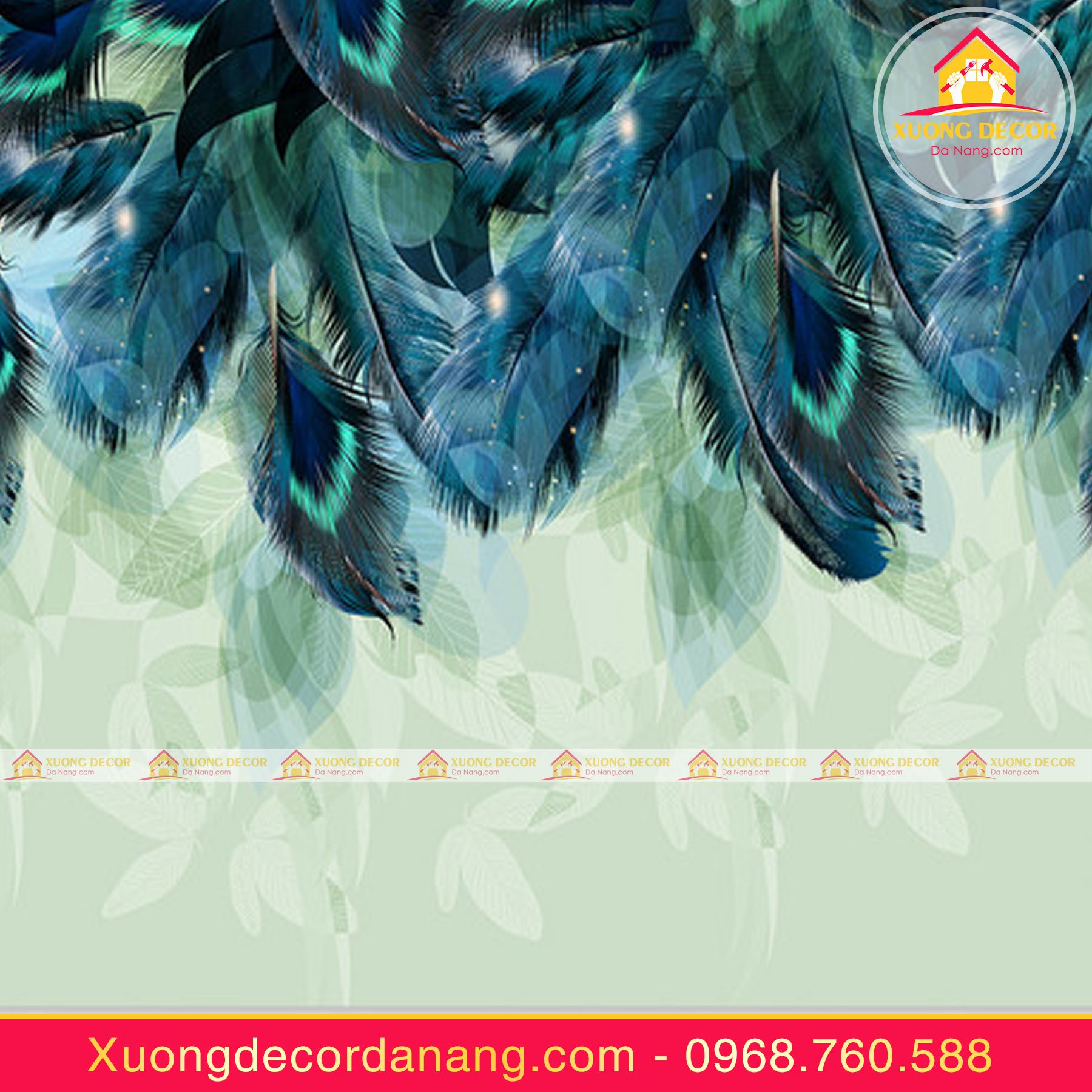 Giấy Decal 3D dán tường lông vũ xanh